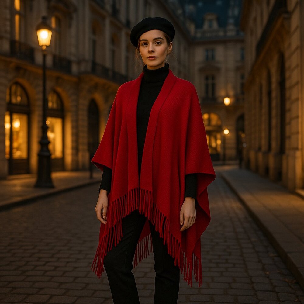 Cejon Red Long Draped Fringe Poncho Shawl Wrap